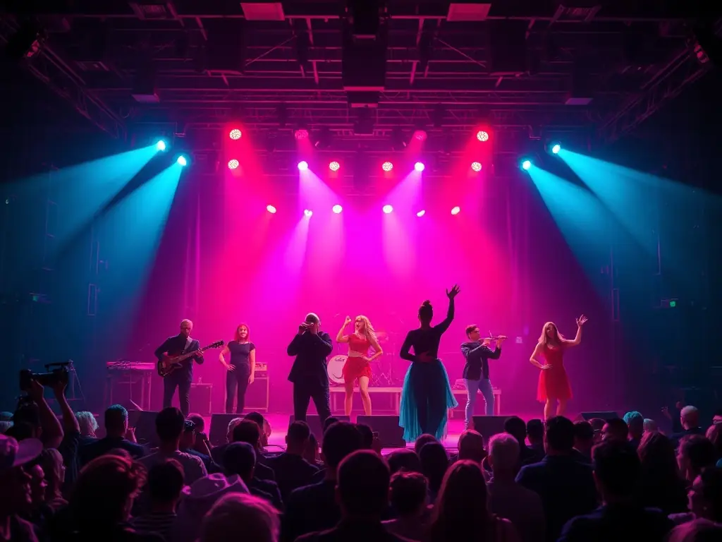 A dynamic image capturing a live performance event organized by COLLECTIF FEMMES, featuring musicians, dancers, or theatrical performers. The stage is set with colorful lighting and engaging visuals, creating an immersive experience for the audience.