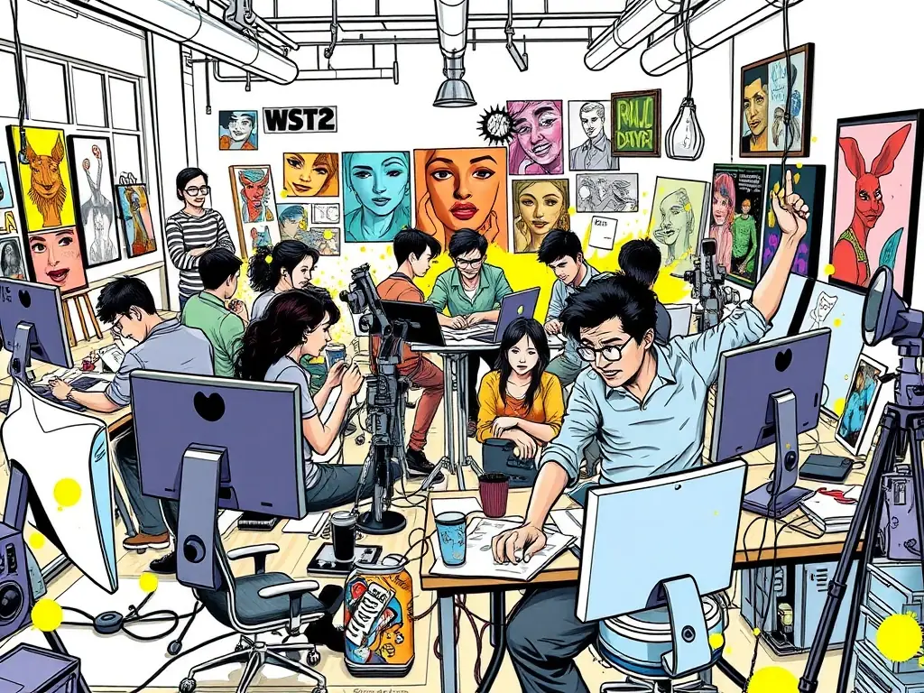 An image of artists engaged in a lively workshop, with vibrant art supplies and collaborative energy, showcasing the 'Artistic Workshops' program by COLLECTIF FEMMES.