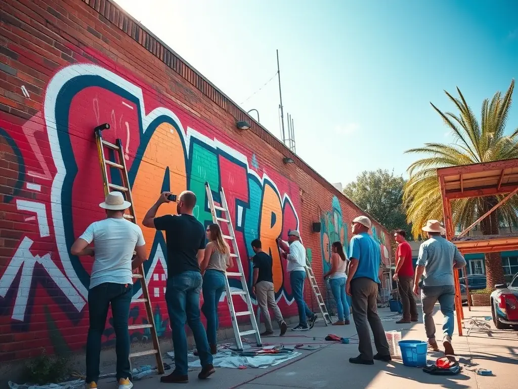 A vibrant image depicting a group of artists collaborating on a mural, showcasing the collaborative spirit of COLLECTIF FEMMES' artistic workshops. The scene is filled with energy and creativity, with various art supplies and tools scattered around.