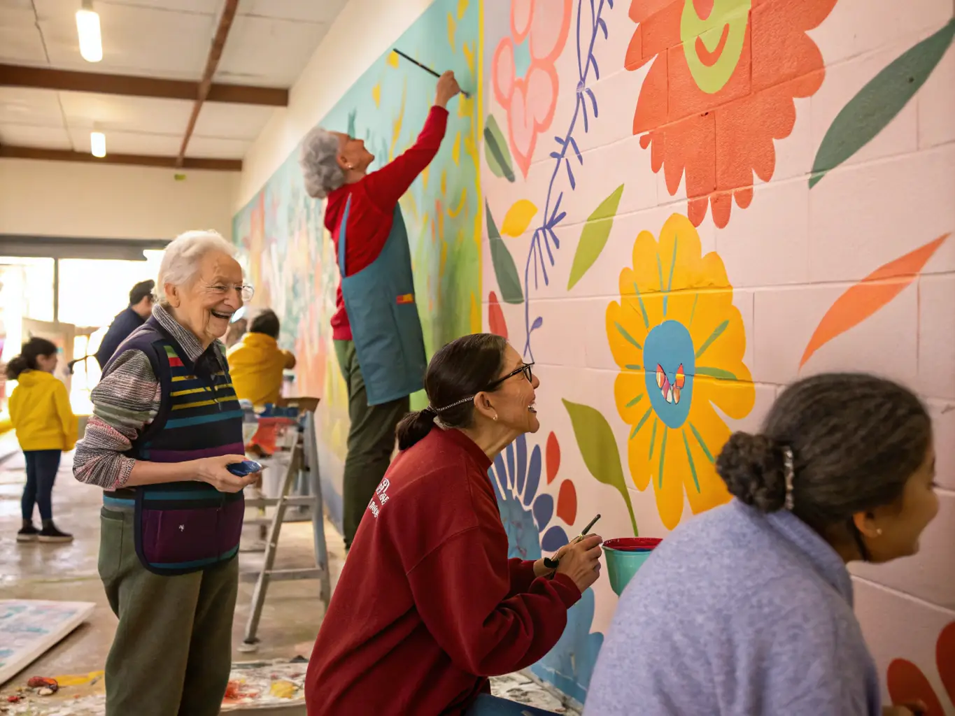 A photograph of a community art project facilitated by COLLECTIF FEMMES, showing participants of different ages and backgrounds working together on a collaborative artwork. The atmosphere is inclusive and supportive, reflecting the collective's commitment to community engagement.